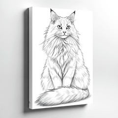 Wall Art Long Haired Cat Sketch Print Black White Feline Line Drawing Decor
