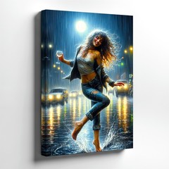 Wall Art Dancing Woman in Rain Night City Street Canvas Print Moonlight Decor