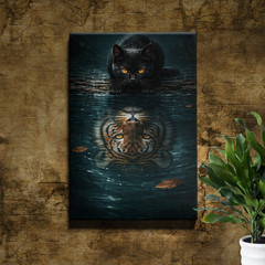 Funny Cat Reflection Tiger In Water Canvas Painting Wall Art
