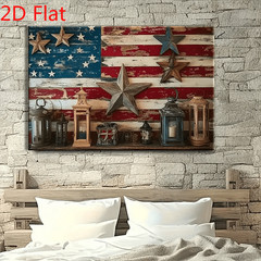 Vintage Flag Metal Stars Lanterns Canvas Wall Art, Rustic Patriotic Decor