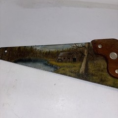 Vintage Rustic Country Art Scenery Watermill Field Pond Hand Painted Hand Saw