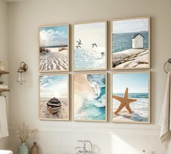 6 Pcs Coastal Poster Wall Art,Seaside Wave Beach Painting Picture Wall Decor