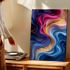 Wall Art Abstract Fluid Waves Pink Blue Purple Gold Glitter Modern Canvas Poster