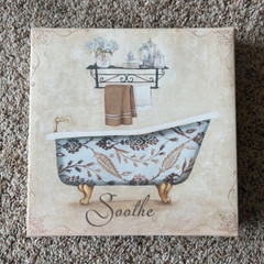 Stretched Horizontal Bathtub Bathroom Floral Canvas Print Beige Blue Brown White