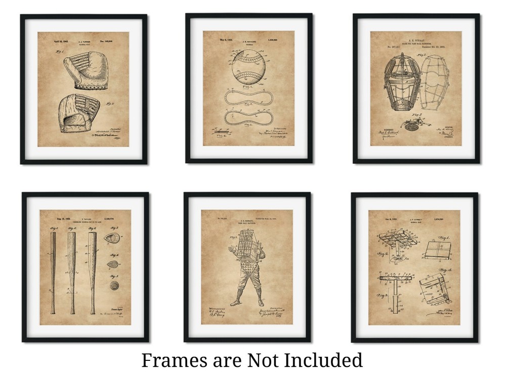 Baseball Patent Prints -Set of 6 (8×10)- Unframed Wall Art Room Decor MLB Gift