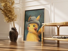 Pikachu Grey Felt Hat Van Gogh Style Pokemon Poster Wall Art Print Impressionist