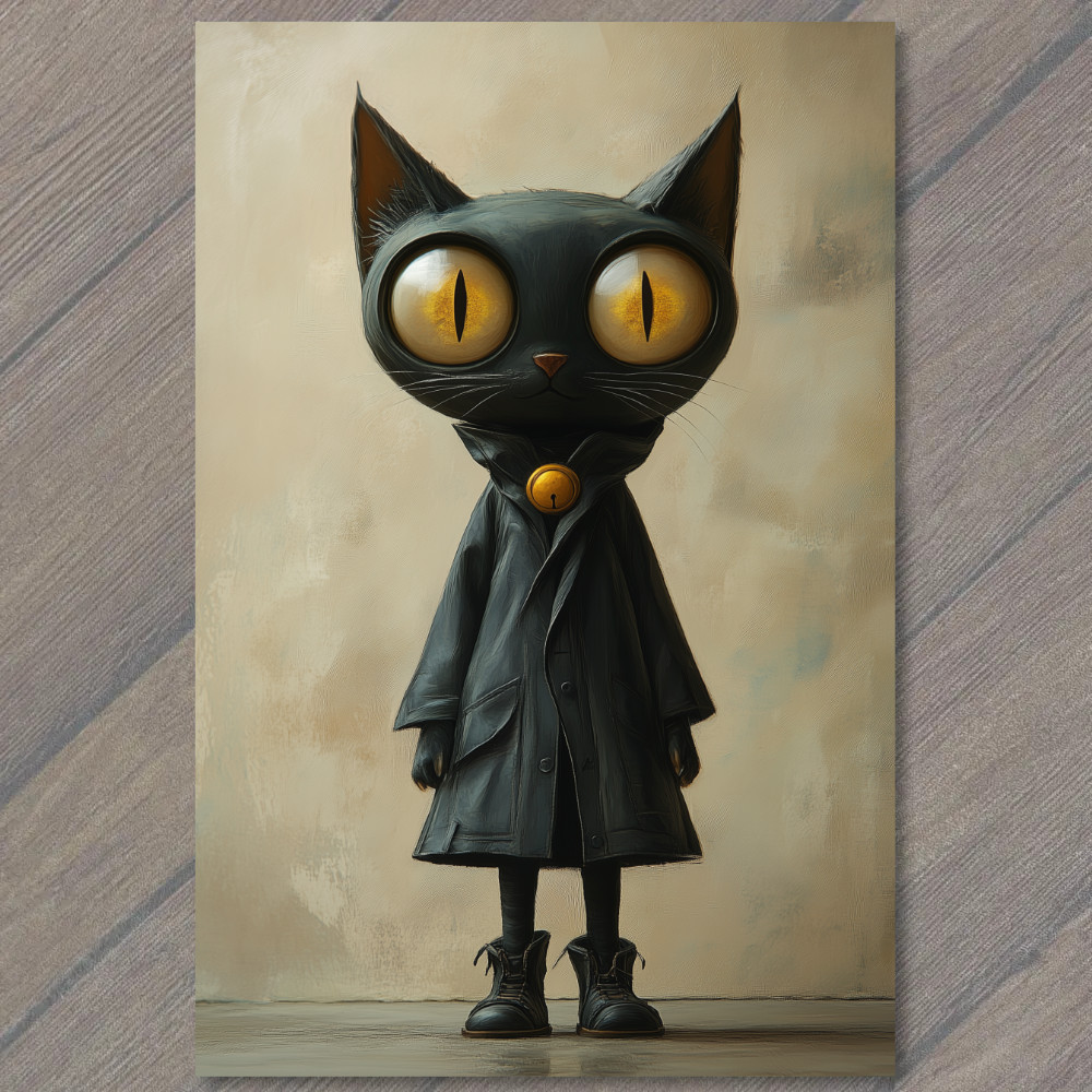 Art Print Black Cat Golden Eyes Gothic Jacket Whimsical Charm Adorable Cute