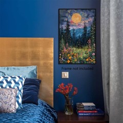 Vintage Full Moon Above The Wildflowers Canvas Wall Art, Mystical Midnight Wo…