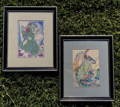 Dragons Framed 9” x 11” Cute Funny Fantasy Art Decor Set Of 2
