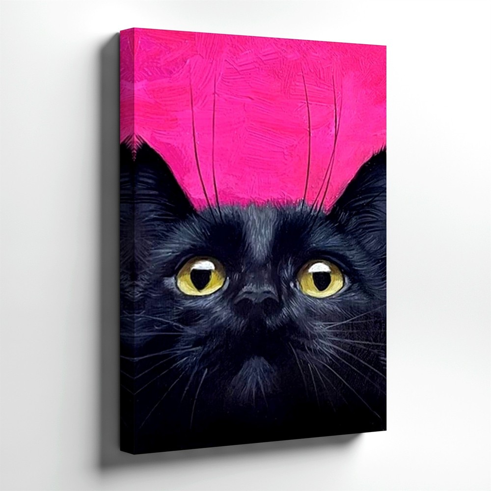 Wall Art Black Cat Portrait Print Pink Background Animal Canvas Home Decor Room