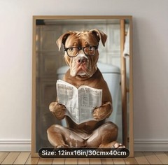 12″x16″ Pitbull Glasses Newspaper Toilet Funny Canvas Bathroom Poster *No Frame