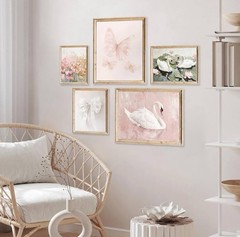 Coquette Pink Wall Art Decor Swan 6-8×10” Canvas, Pastel Prints No Frame No Box