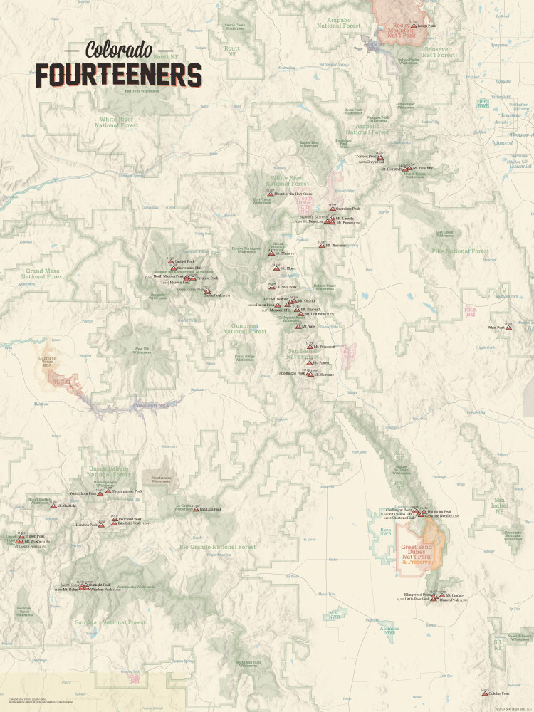 Colorado 14ers Map 18×24 Poster (Tan) #454