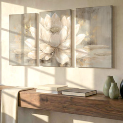3 Pieces Elegant Lotus Flower Soft Neutrals Floral Large Wall Art Canvas Decor
