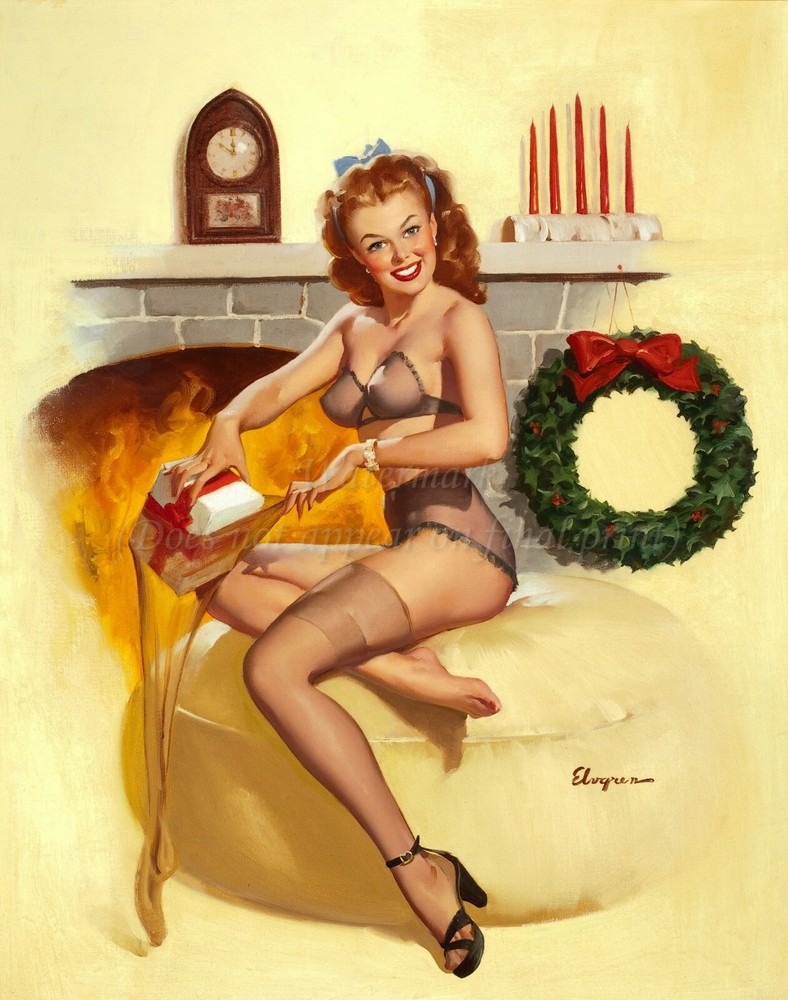 GIL ELVGREN Pin-Up Poster or Rolled Canvas Print «Pin-Up in Front of Fireplace»