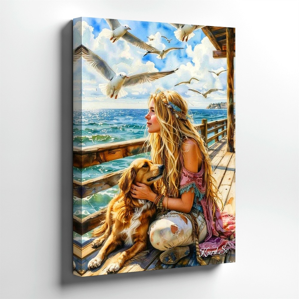 Wall Art Coastal Woman with Golden Retriever on Pier Seagulls Ocean Canvasendoft