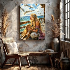 Wall Art Coastal Woman with Golden Retriever on Pier Seagulls Ocean Canvasendoft