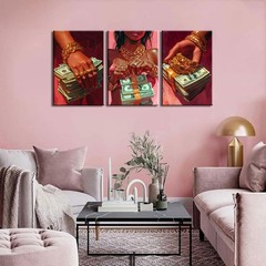3Pcs Black Girl Canvas Wall Art Red Black Money Wall Decor Pictures Modern Pi…