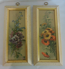 Vtg Set Of 2 Vertical Purple & Orange Flower Pictures White & Gold Wood Frames