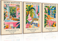 3Pc Vintage Henri Matisse Style Wall Art Tiger Lion Leopardin Bathtub Funny Anim