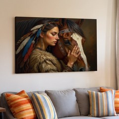 Native American woman with feathers in hair and horse canvas wall art print