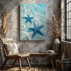 Blue Starfish Canvas Wall Art Ocean Sea Life Beach Decor Underwater Print