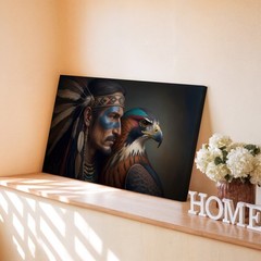 Native American Warrior Face Paint Feathers Canvas Wall Art Print Decor