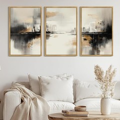 Black Gray Abstract Landscape Framed Wall Art Large 24x36in Brown Tan Neutral…