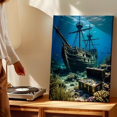 Wall Art Underwater Sunken Pirate Ship Treasure Chest Ocean Coral Canvas Print