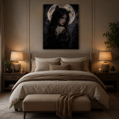 Gothic Cat Girl Canvas Wall Art Dark Fantasy Moon Portrait Vampire Castle Decor