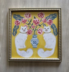 SAPNA SHAH Blue White Chinoiserie Pink Flower Filled Vase Cat Framed