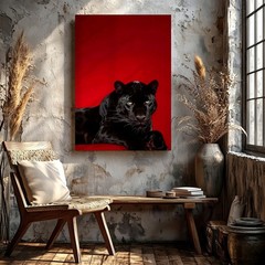 Wall Art Black Panther Portrait Print Red Background Big Cat Animal Home Decor