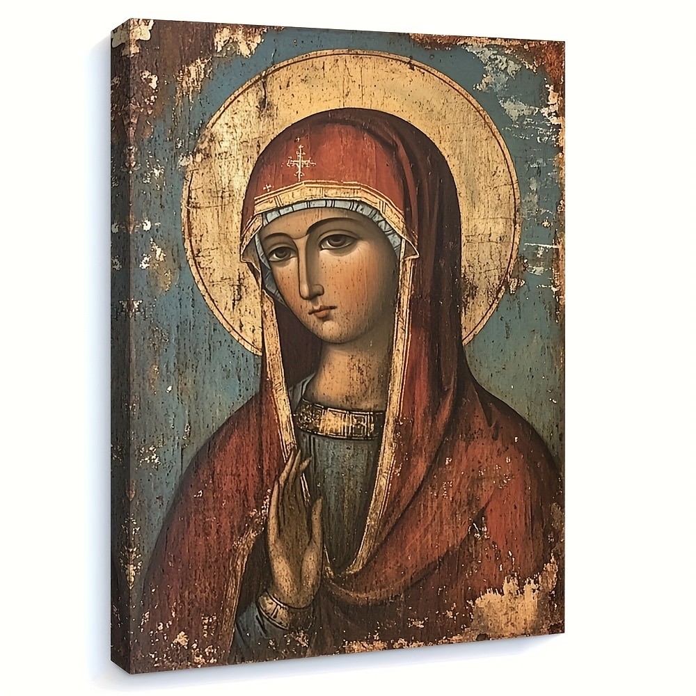 Canvas Art Framed Antique Orthodox Virgin Mary Prayer Religious Icon Decor