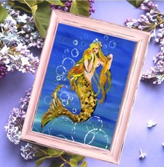 Pretty Bubbles Blonde Happy Swimming Mermaid Sea Ocean Nautical Wall Art
