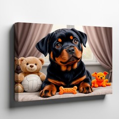 Cute Rottweiler Puppy Canvas Wall Art with Toys Dog Bone Animal Decor Print