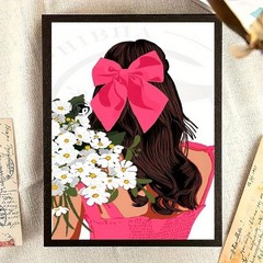Framed Canvas Pink Bow Girl Back View Daisy Boho Line Decor
