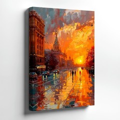 Wall Art City Street Sunset Canvas Print Rainy Urban Landscape Painting Decor