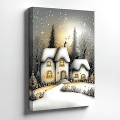 Wall Art Winter Snow Cottage Landscape Print Cozy House Christmas Decor 2pcs