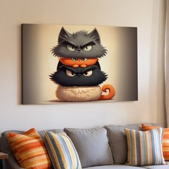 Funny angry cartoon cats stack canvas wall art cute animal print home decor