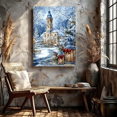 Wall Art Winter Church Landscape Canvas Print Snowy Lantern Christmas Decor