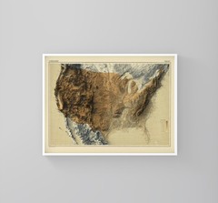 USA 2D Relief Map, United States Vintage Map (Darker Version) – 2D Flat Print