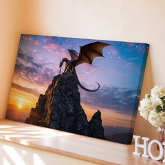 Majestic Dragon Stands On A Rocky Cliff, Silhouetted Against A Vibrant Wall Art