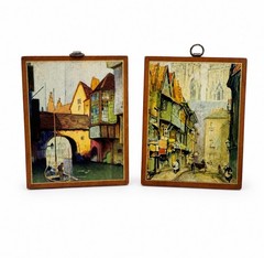 Vintage Set of 2 European Street Scene Wood Plaques Mini Wall Art Prints