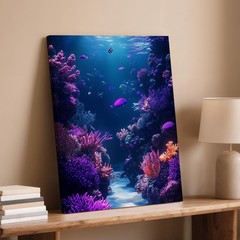 Underwater Coral Reef Canvas Wall Art Ocean Fish Purple Blue Marine Scene Print
