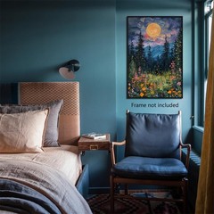 Vintage Full Moon Above The Wildflowers Canvas Wall Art, Mystical Midnight Wo…