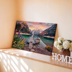 Lake Mountain Landscape Canvas Wall Art with Dock Boat and Colorful Flowers