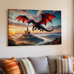 Majestic Black Dragon With Crimson Wings Soars Through A Vibrant Sunset Wall Art