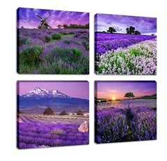 4 Pc Canvas Pictures Lavender Flower Field Sunset Landscape Windmill 15.7×15.7″