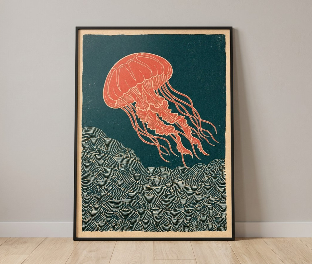 Jellyfish Wall Art Print, Minimalist Ocean Decor, Modern Marine Life Poster