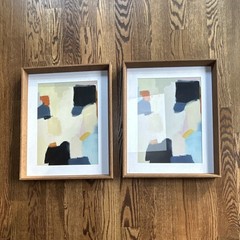 Set of 2 Abstract Framed Prints, Wood Frames w/ White Mats, Multicolor